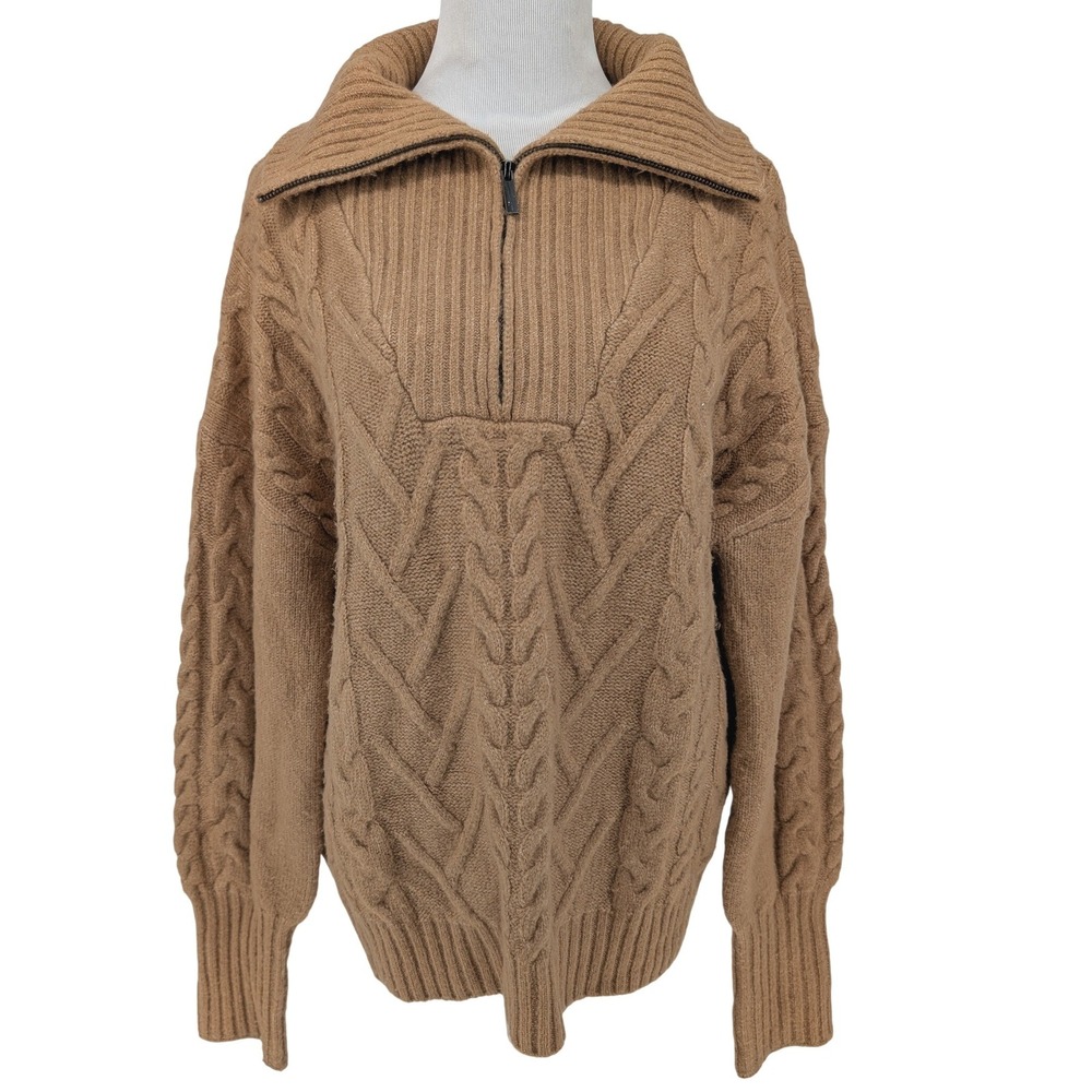 John + Jenn 1/4 Zip Sweater Women M Camel Cable Knit Turtleneck Minimalist Cozy